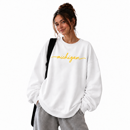 Michigan Maize Gold Vintage Athletic Collegiate Sweatshirt - White (Female Model)