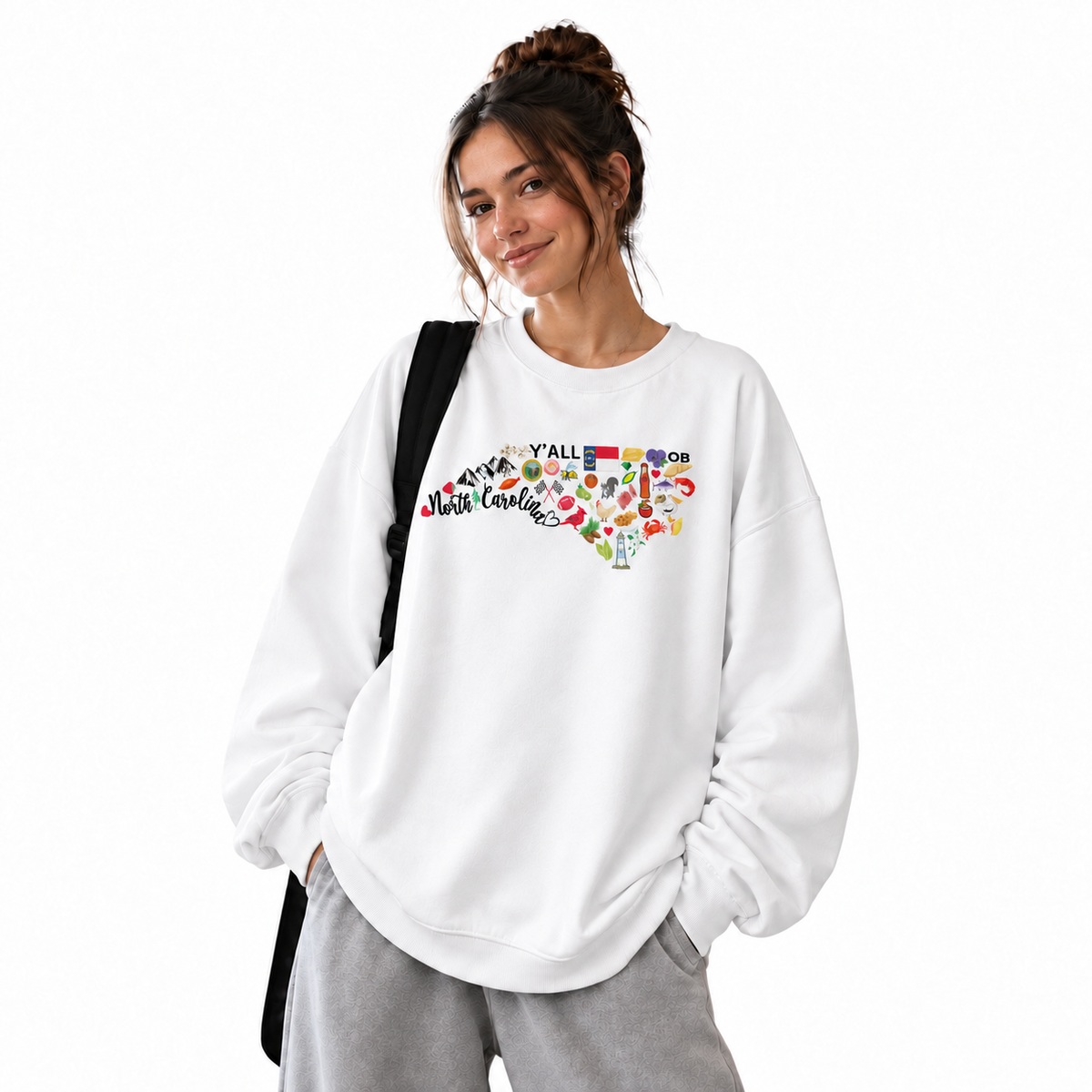 North Carolina State Map Landmarks Icons Collage Sweatshirt - White (Female Model)