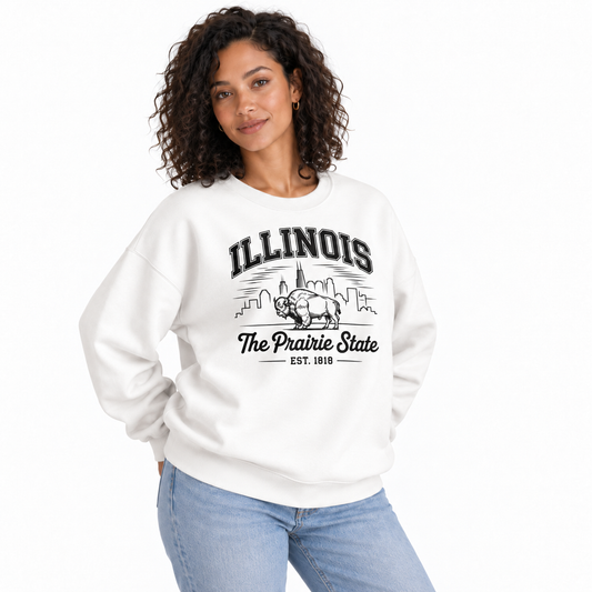 Illinois American Bison Prairie Wildlife Heritage Sweatshirt - White (Female Model)