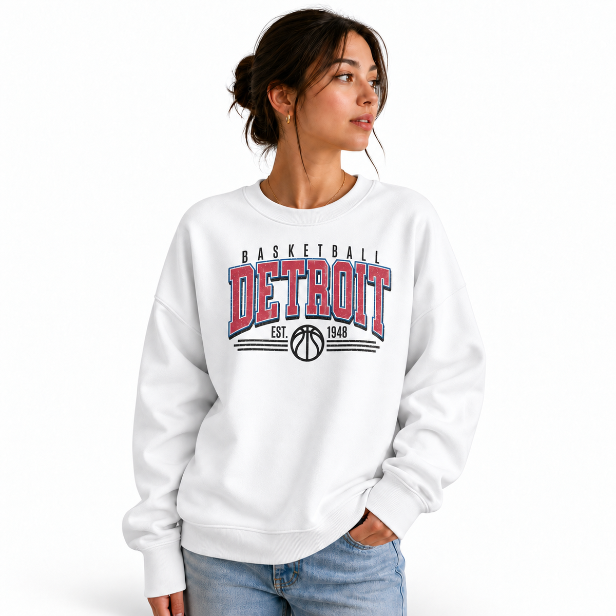 Detroit Basketball Vintage Retro Gameday Classic Sweatshirt - White (Female Model)