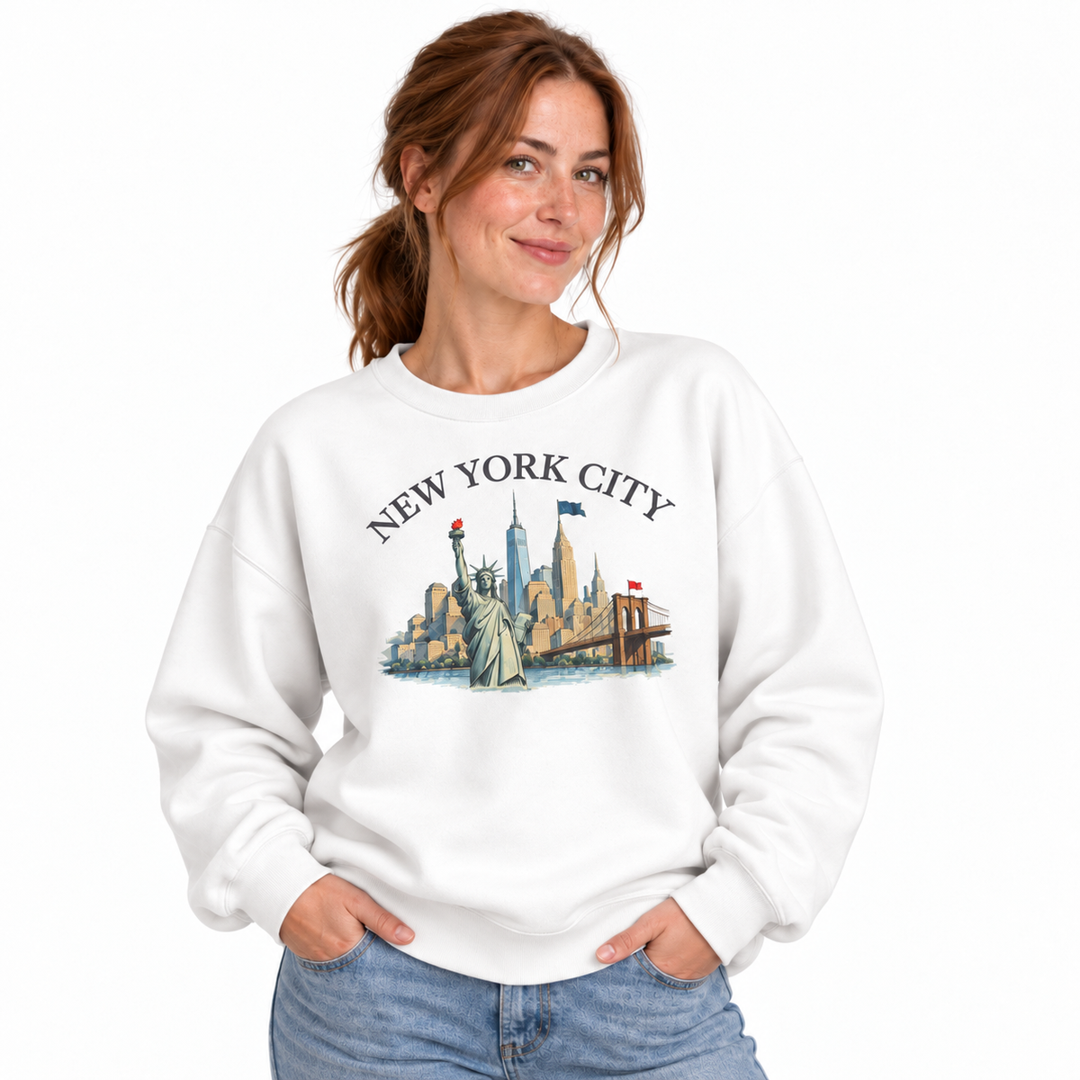 Statue Of Liberty Manhattan Harbor Vintage Classic Sweatshirt - White (Female Model)