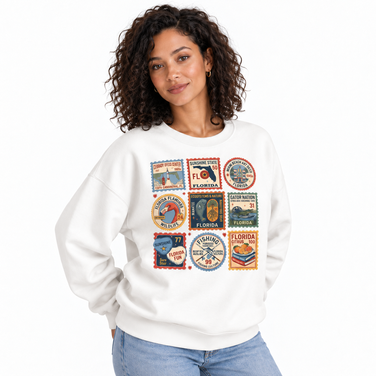 Florida Vintage Travel Postage Stamps Collage Sweatshirt - White (Female Model)