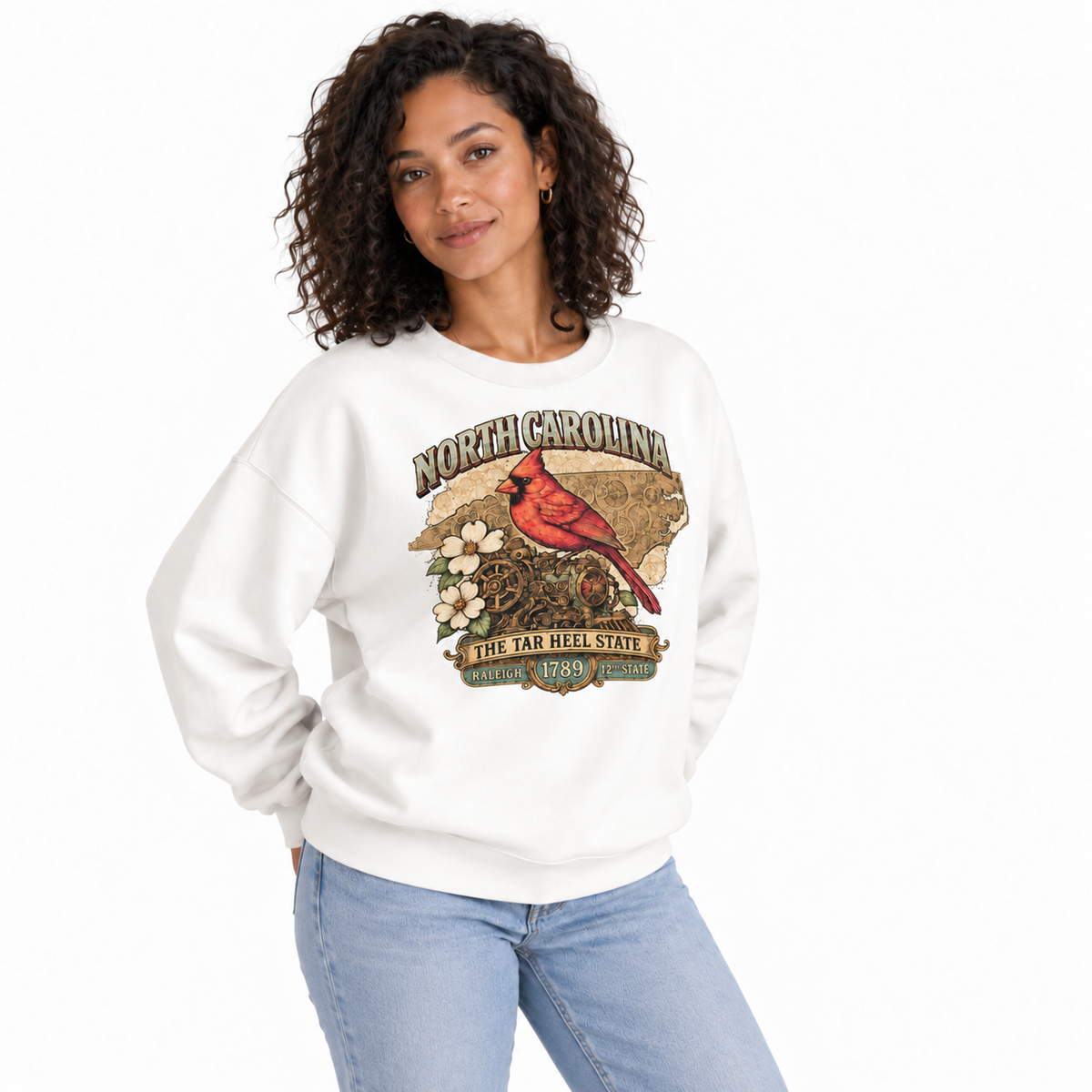 North Carolina Vintage Heritage State Pride Crest Sweatshirt - White (Female Model)