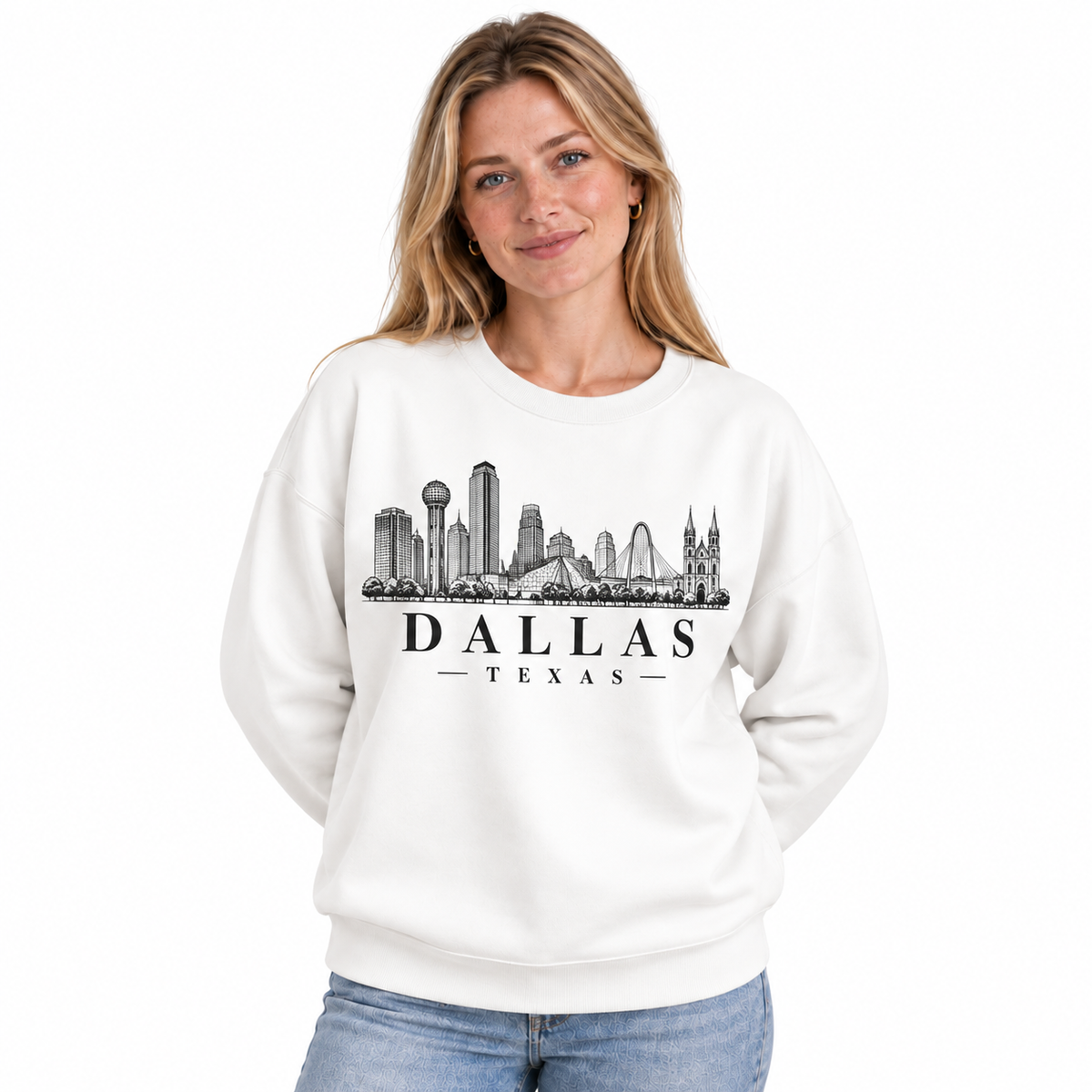 Dallas Texas Skyline Vintage Heritage Graphic Sweatshirt - White (Female Model)