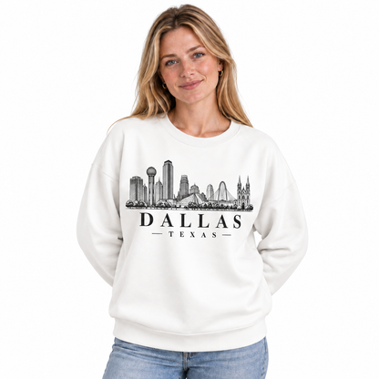 Dallas Texas Skyline Vintage Heritage Graphic Sweatshirt - White (Female Model)