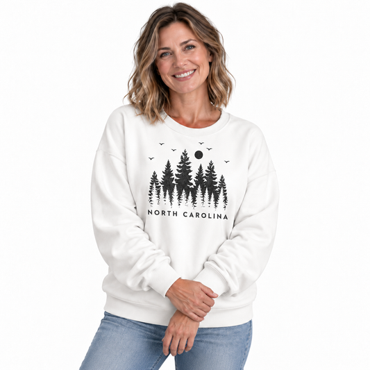 North Carolina Mountain Pine Forest Silhouette Vintage Sweatshirt - White (Female Model)