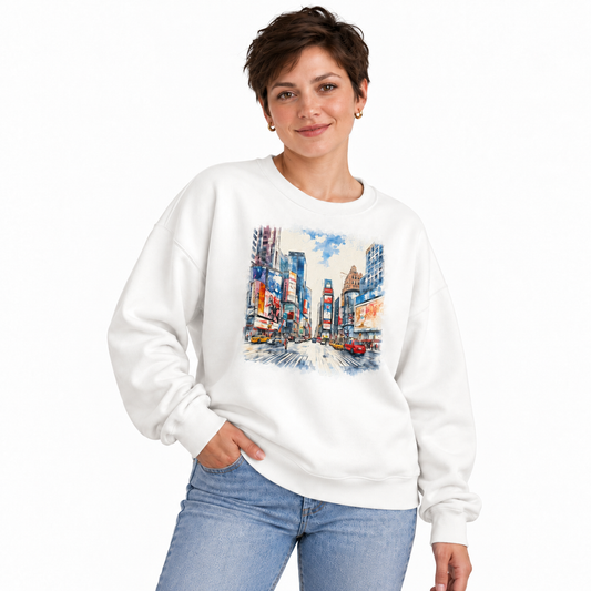 Times Square Manhattan Street Scene Oil Painting Sweatshirt - White (Female Model)