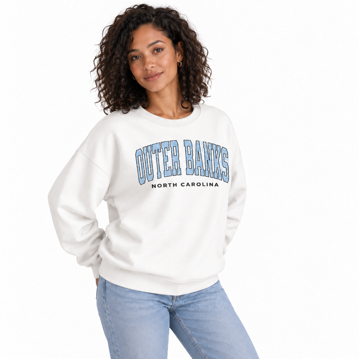 Outer Banks North Carolina Nautical Retro Beach Sweatshirt - White (Female Model)