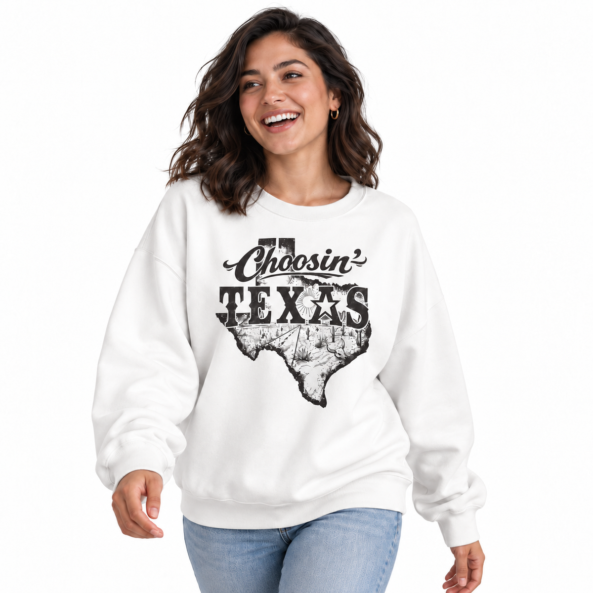 Choosin Texas Retro Country Western Vintage Distressed Sweatshirt - White (Female Model)