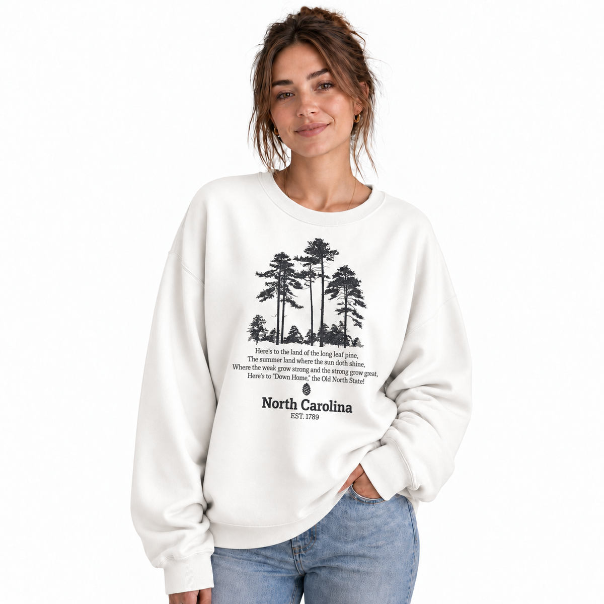North Carolina Longleaf Pine Forest Nature Outdoor Sweatshirt - White (Female Model)