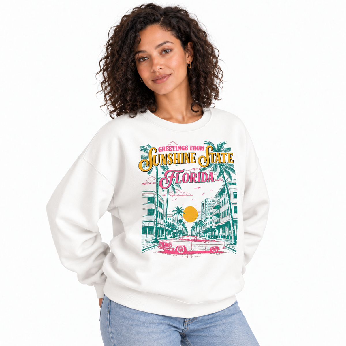 Florida Sunshine State Retro Distressed Vintage Sweatshirt - White (Female Model)