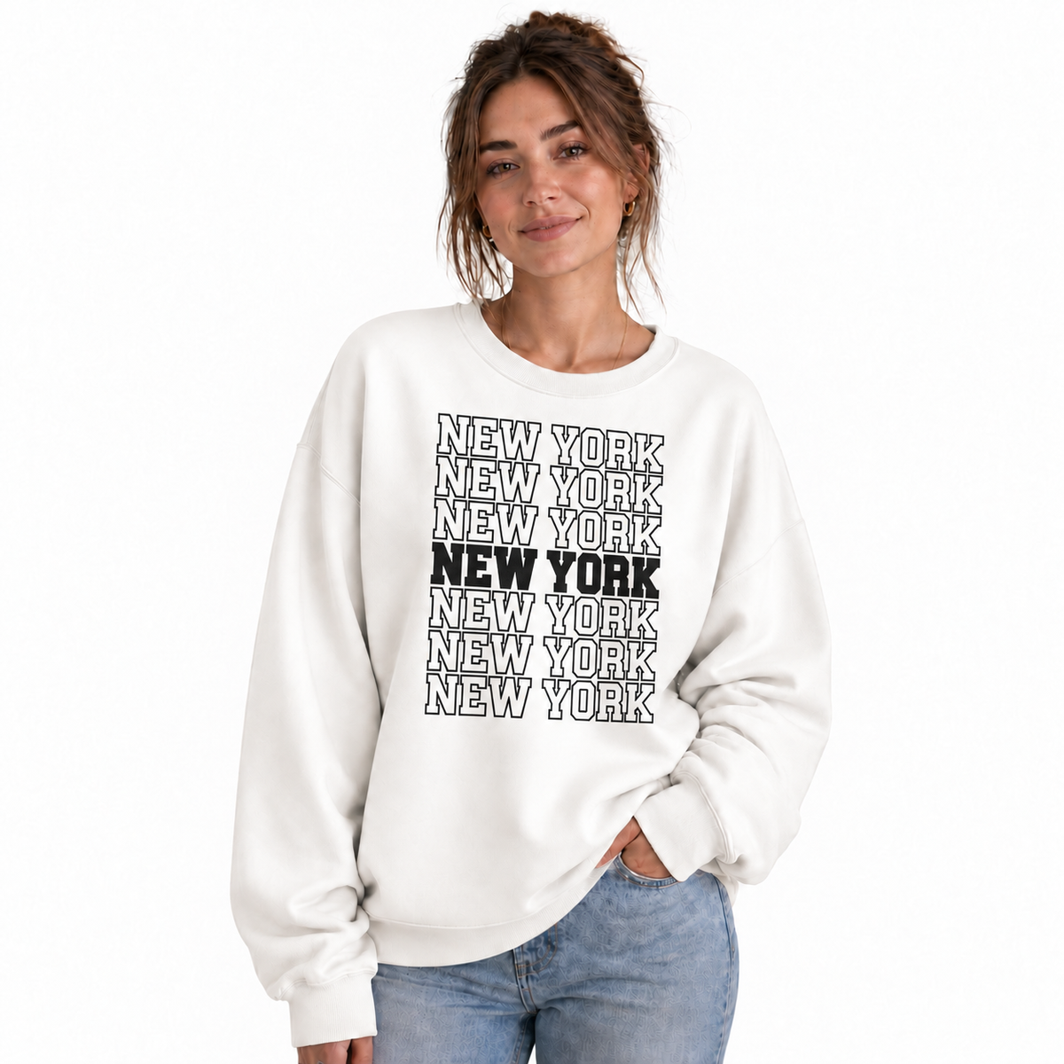 New York Arched Varsity Collegiate Retro Athletic Sweatshirt - White (Female Model)