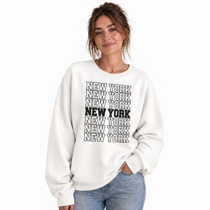 New York Arched Varsity Collegiate Retro Athletic Sweatshirt - White (Female Model)