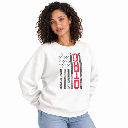 Ohio State Flag Heritage Patriotic Vintage Sweatshirt - White (Female Model)