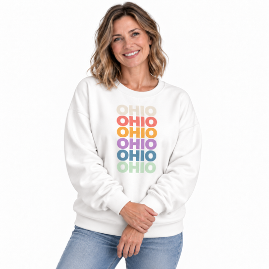 Ohio Retro Rainbow Stacked Typography Vintage Sweatshirt - White (Female Model) | The State Threads