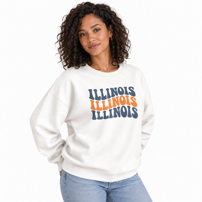 Illinois Retro Stacked Varsity Block Lettering Sweatshirt - White (Female Model)