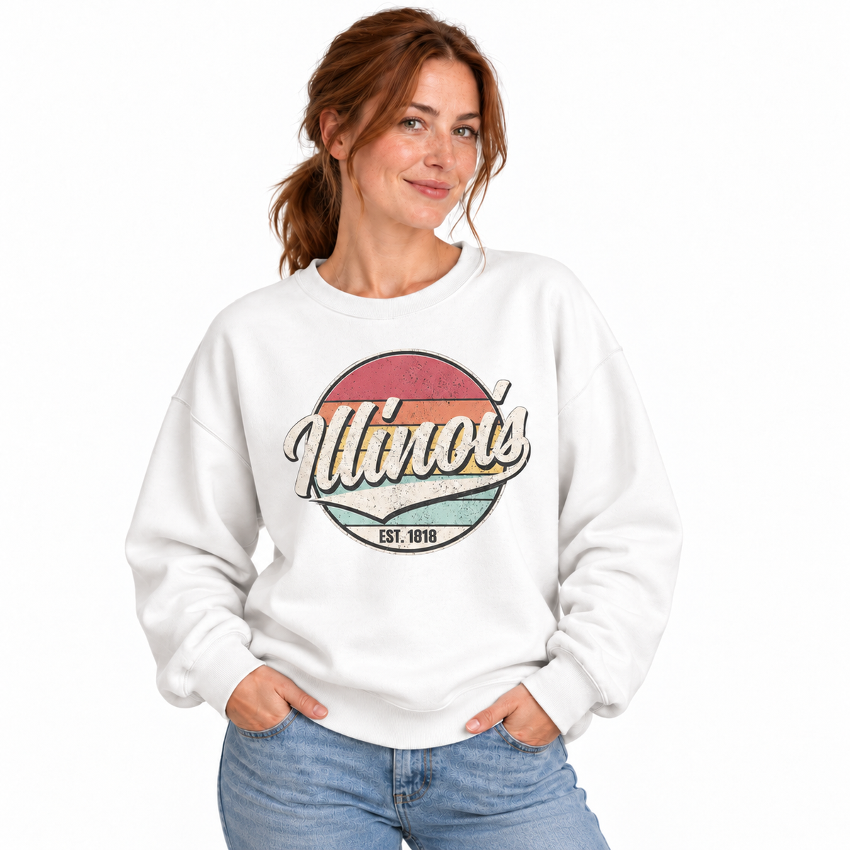 Illinois Prairie State Vintage Heritage Emblem Sweatshirt - White (Female Model)