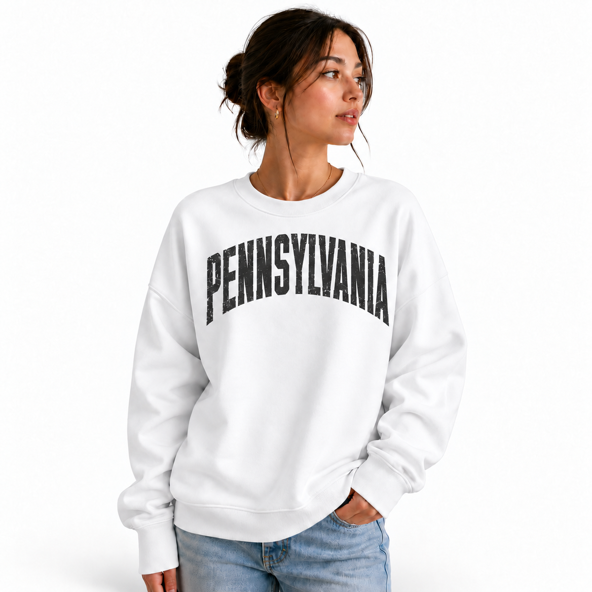 Pennsylvania Collegiate Varsity Athletic Lettering Vintage Sweatshirt - White (Female Model)