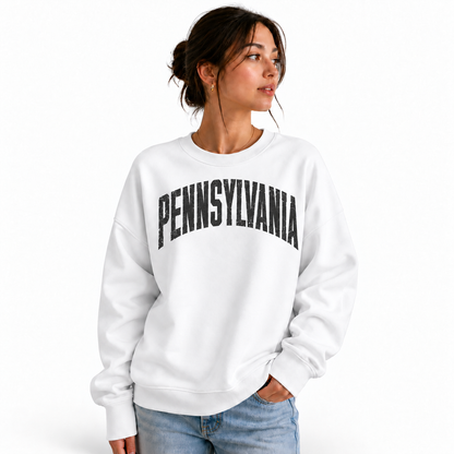 Pennsylvania Collegiate Varsity Athletic Lettering Vintage Sweatshirt - White (Female Model)
