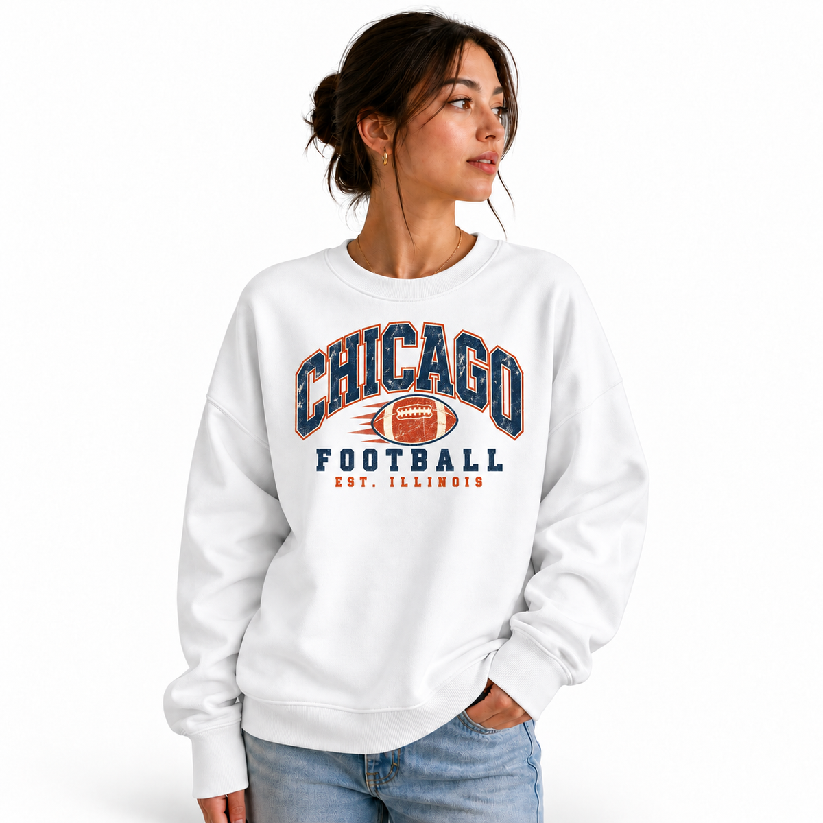 Chicago Football Vintage Cream Graphic Tailgate Sweatshirt - White (Female Model)
