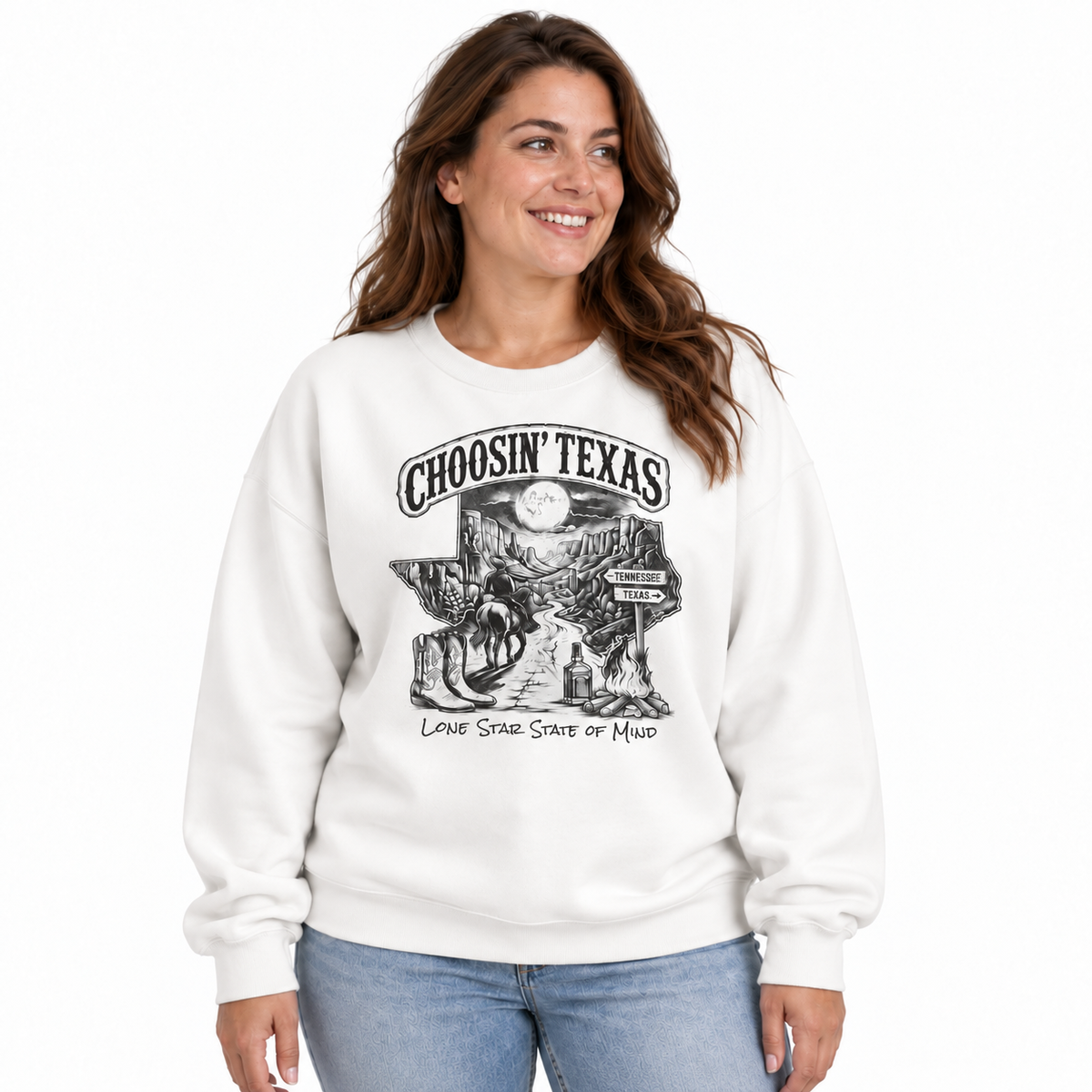 Texas Cowboy Lone Star Historic Emblem Vintage Sweatshirt - White (Female Model)
