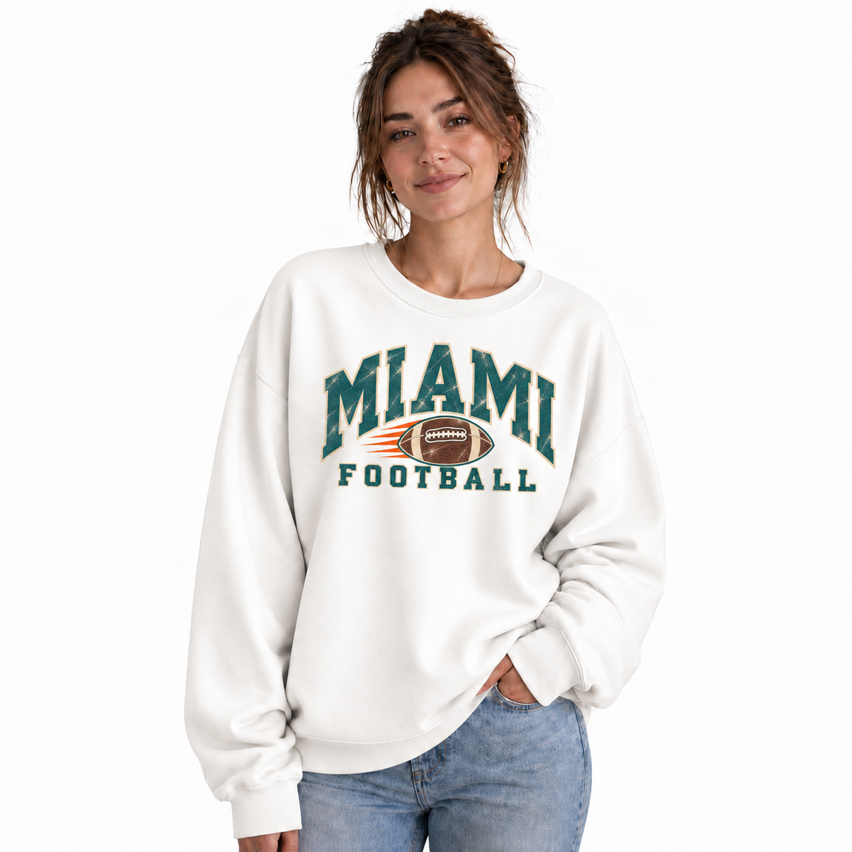 Miami Football Vintage Classic Sports Retro Sweatshirt - White (Female Model)