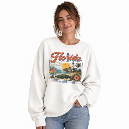 Florida Palm Trees Vintage Tropical Sunset Sweatshirt - White (Female Model)