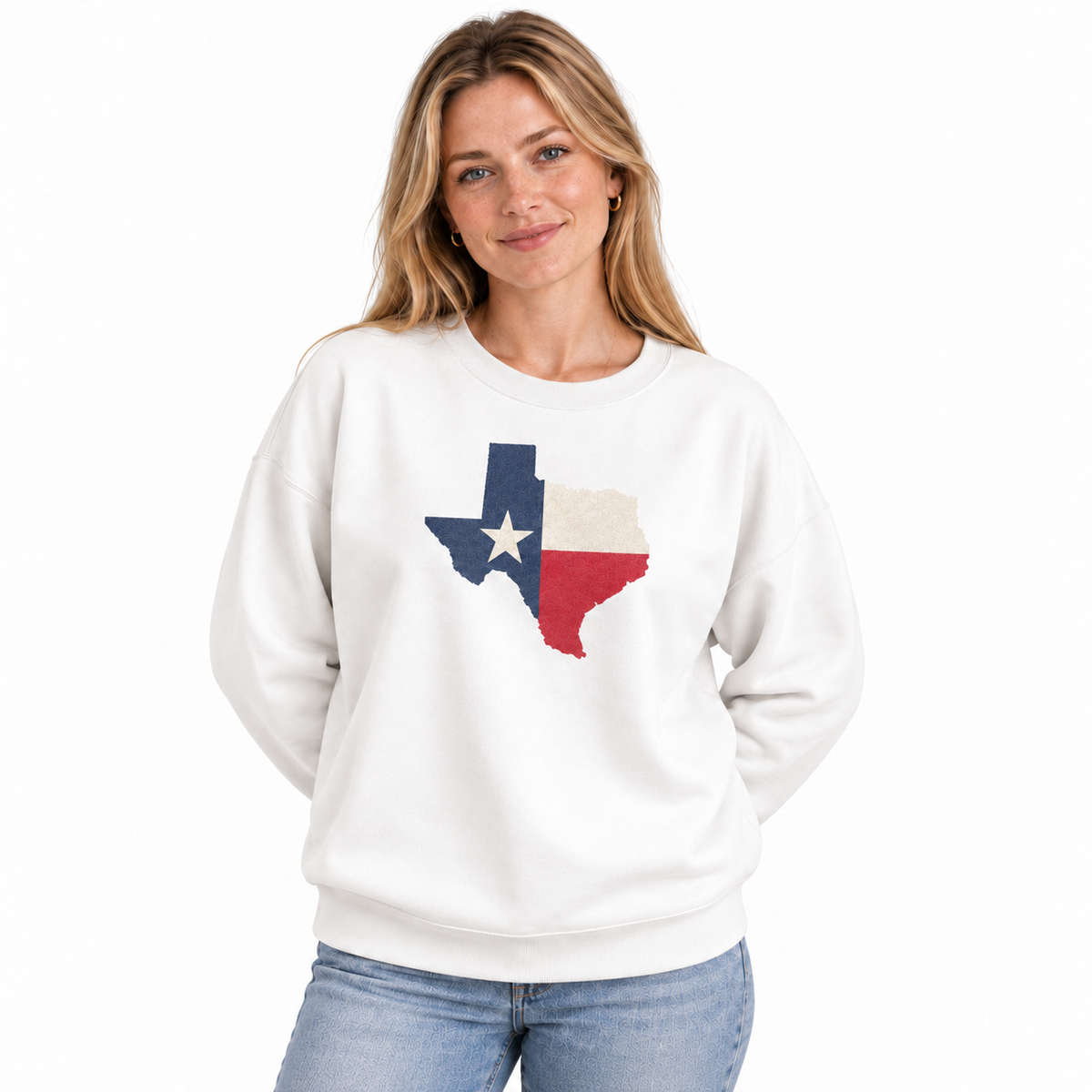 Texas Lone Star Flag Vintage Patriotic Distressed Sweatshirt - White (Female Model)