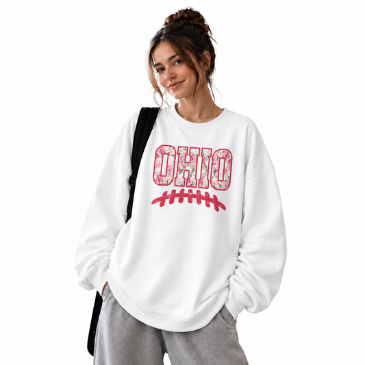 Ohio Floral Botanical Wildflower Embroidered Vintage Sweatshirt - White (Female Model) | The State Threads