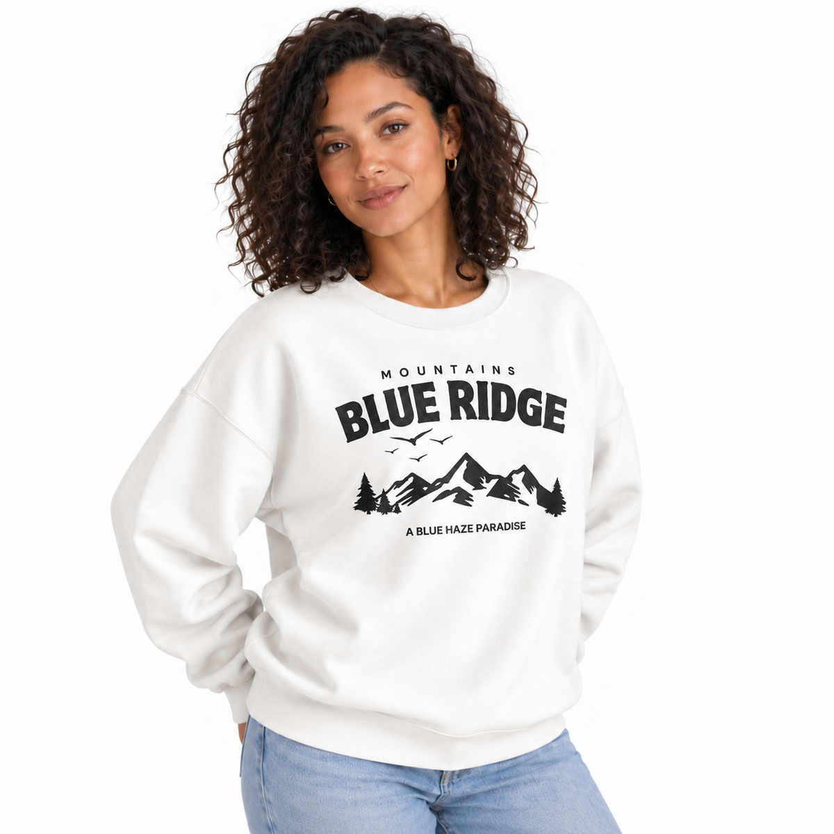 Blue Ridge Georgia Mountains Blue Haze Paradise Sweatshirt - White (Female Model)