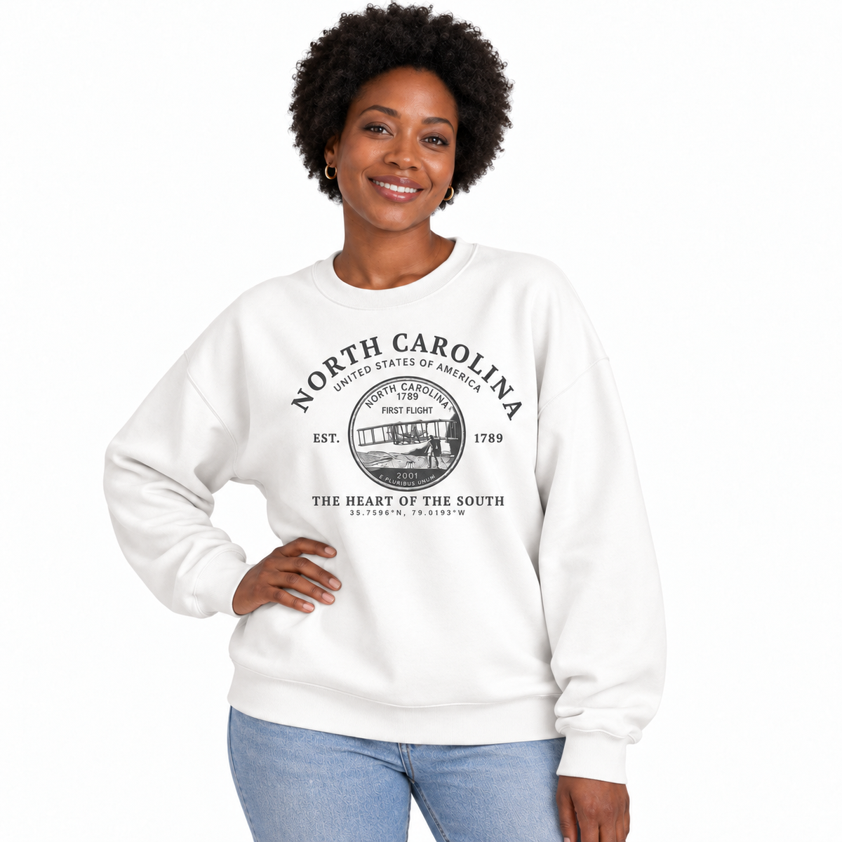 North Carolina Heritage State Seal Medallion Vintage Sweatshirt - White (Female Model)