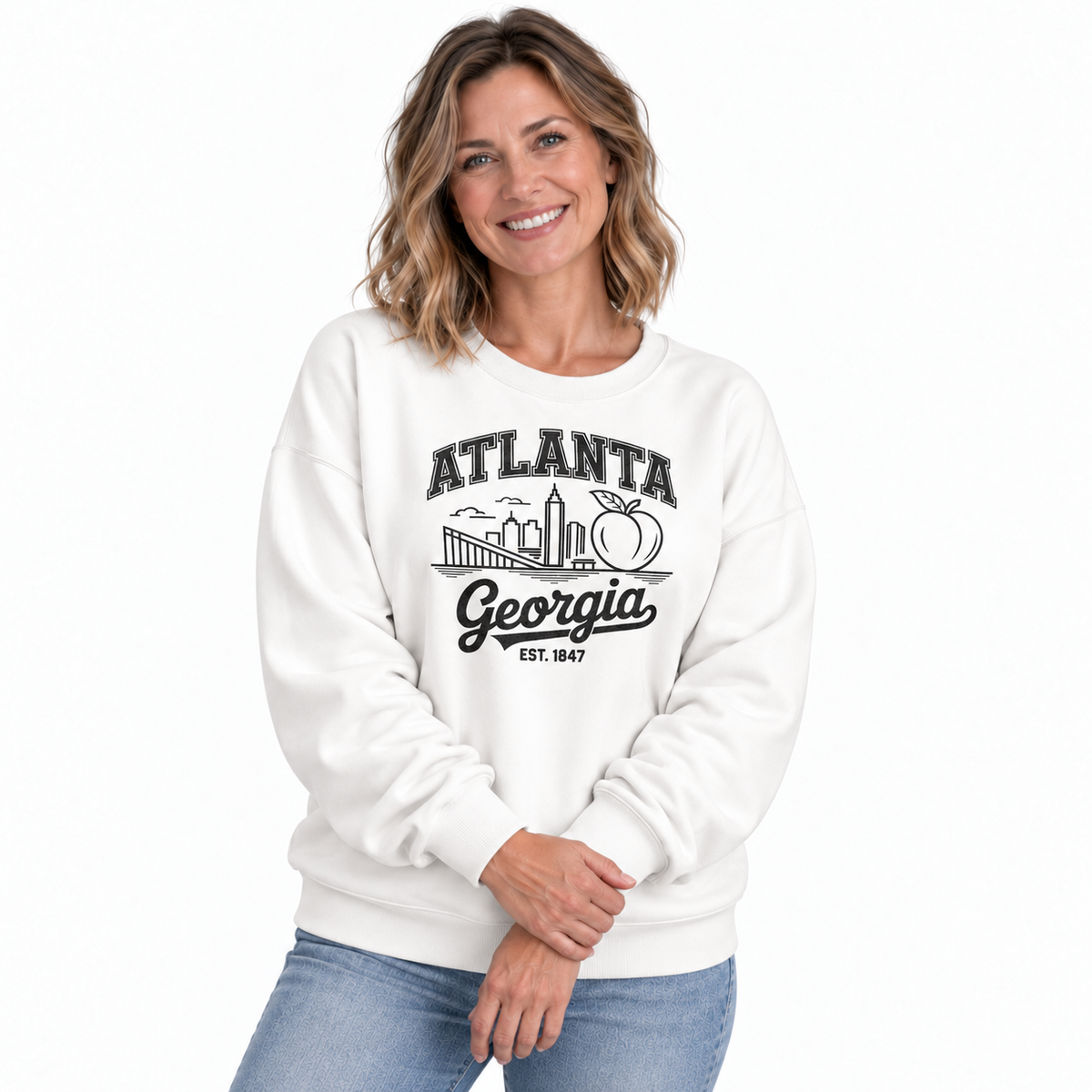Atlanta Georgia Vintage Skyline Peach Southern Retro Sweatshirt - White (Female Model)