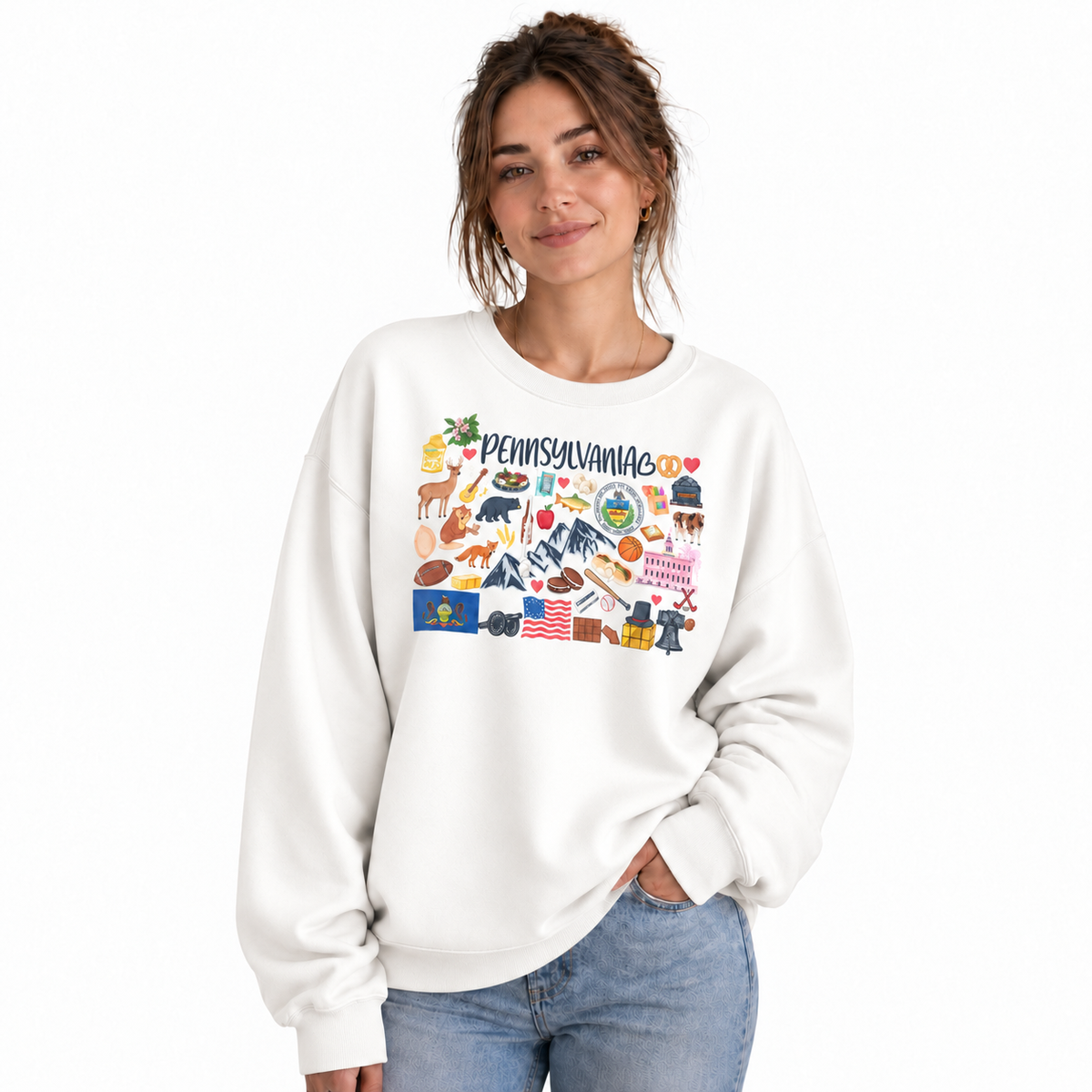 Pennsylvania Retro Postcard Graphic Collage Vintage Sweatshirt - White (Female Model)