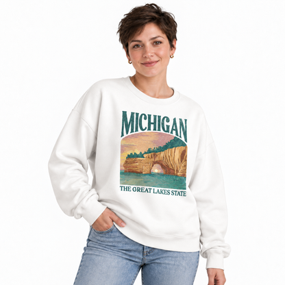 Michigan Great Lakes Vintage Nature Landscape Sweatshirt - White (Female Model)