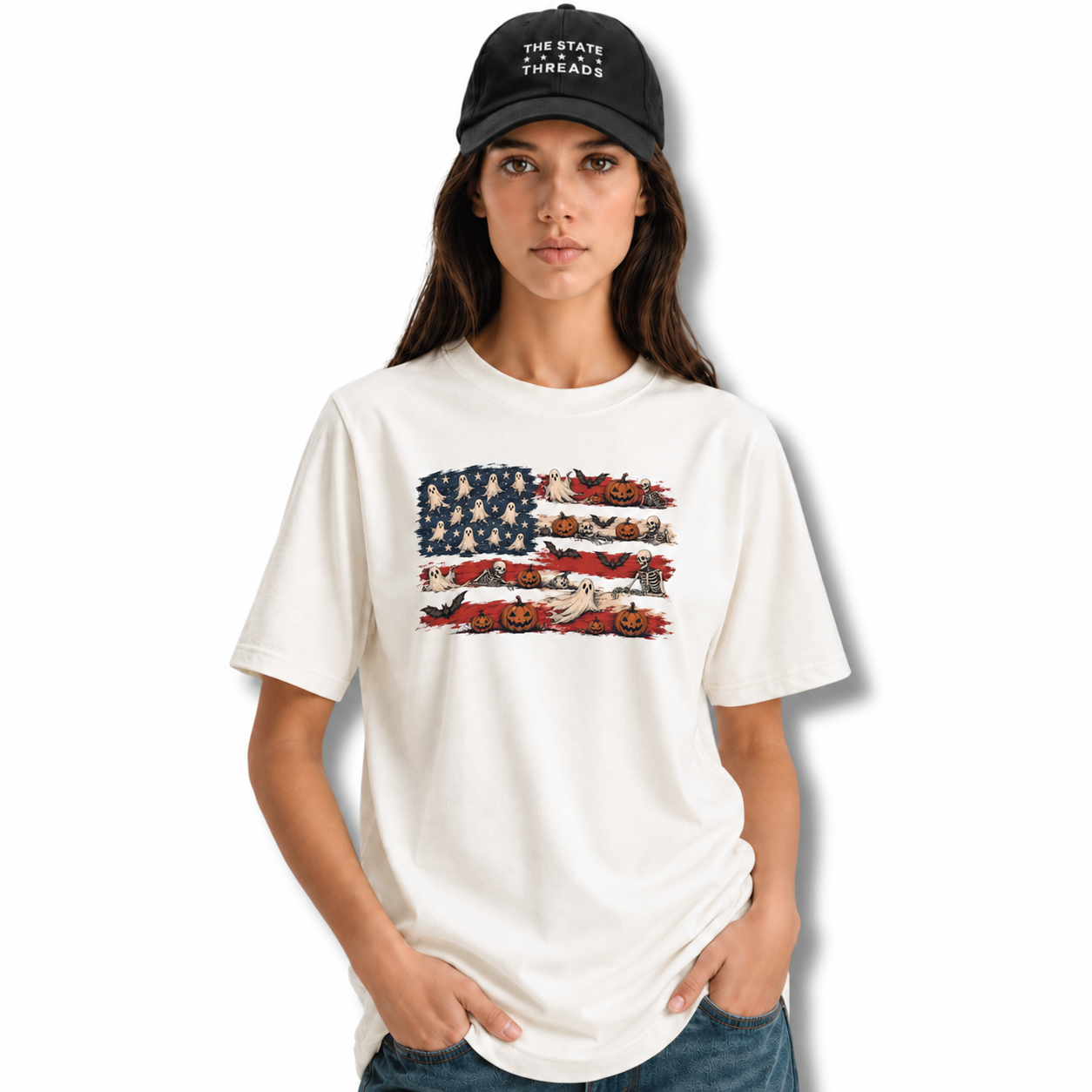 America Halloween Flag Spooky Ghost Pumpkin Shirt