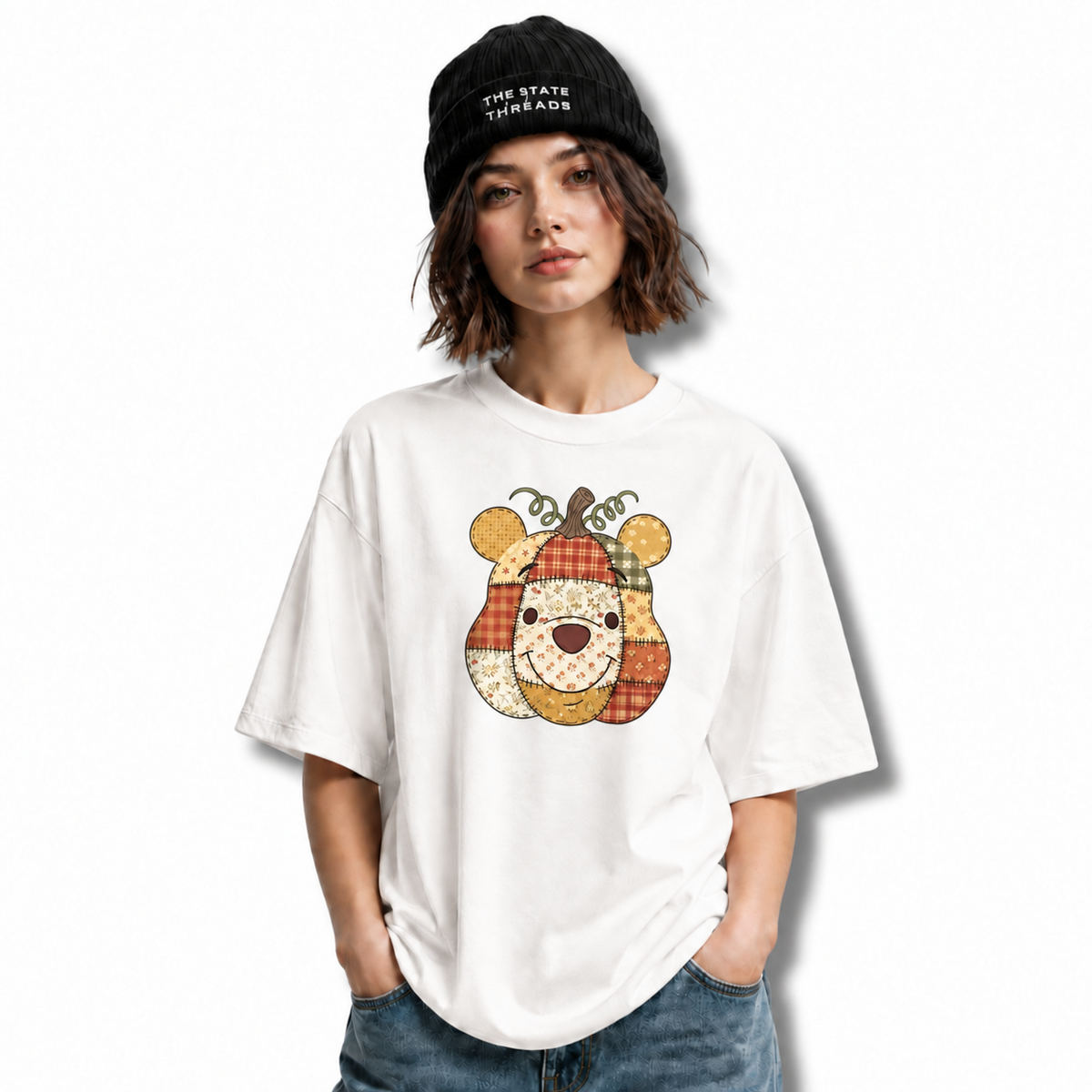 America Autumn Bear Patchwork Pumpkin Graphic Shirt