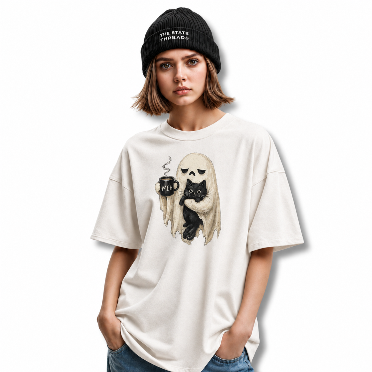 America Ghost Black Cat Coffee Halloween Spooky Shirt